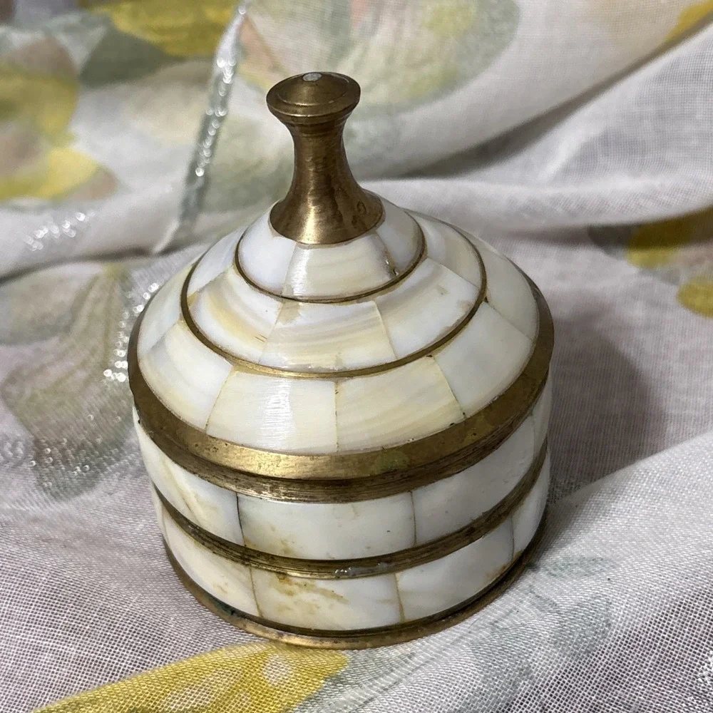 Mother Of Pearl & Gold Metal Cylindrical Jar With Lid